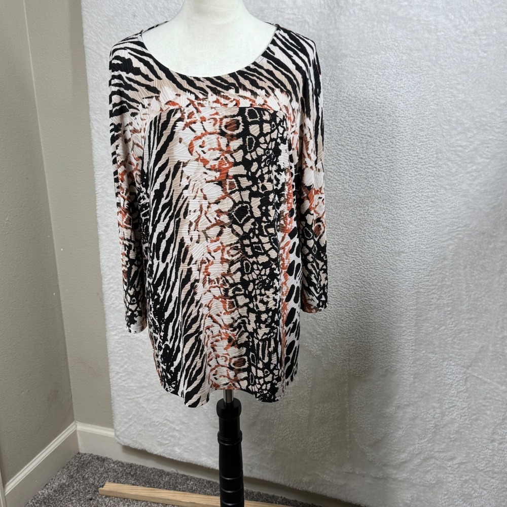 Dana Buchman Animal Print Blouse Long Sleeve‎ Tunic Top Womens XL